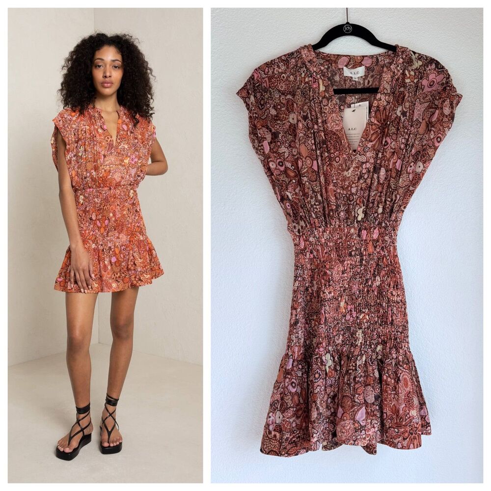 NEW A.L.C. Carly Smocked 100% Silk Mini Dress in Pink & Orange Floral Size 00